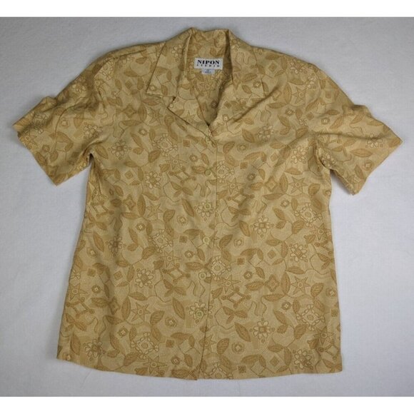 Nipon Studio Women's Top Size 10 Yellow Print Short Sleeve Button-Up Shirt - Picture 3 of 11